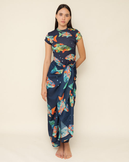 Fishy Navy Blue Cap Sleeve