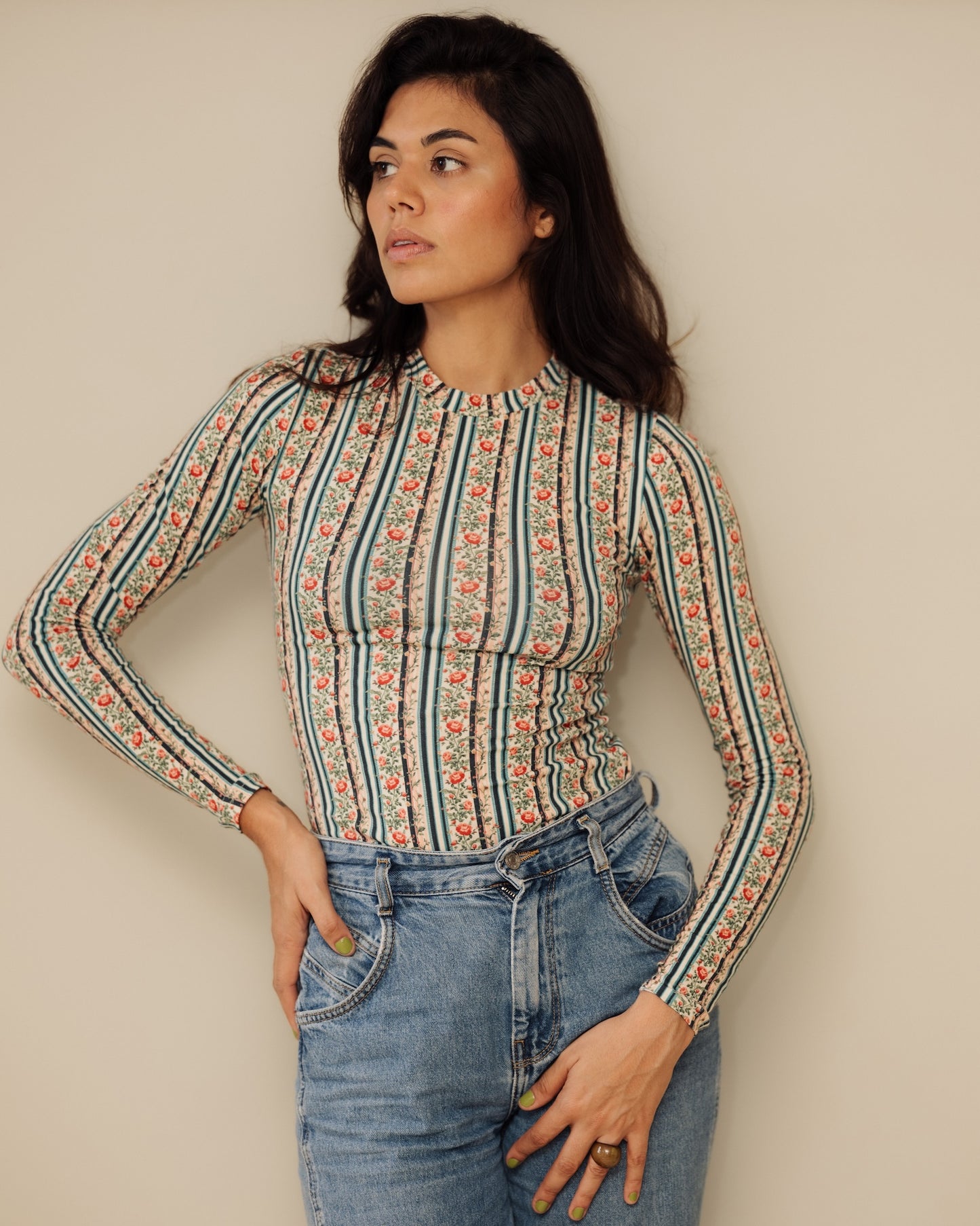 The Floral Stripe Long Sleeve Top