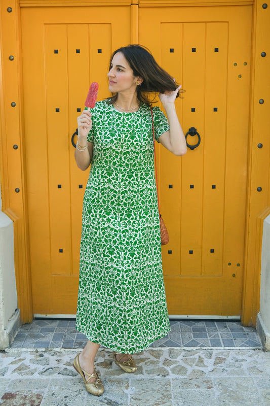 Green Vines Short Sleeve Dress